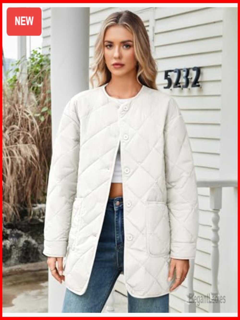 Lightweight Quilted Puffer Jacket with Pockets, Button Front, Mid-Length - Picture 2 of 7